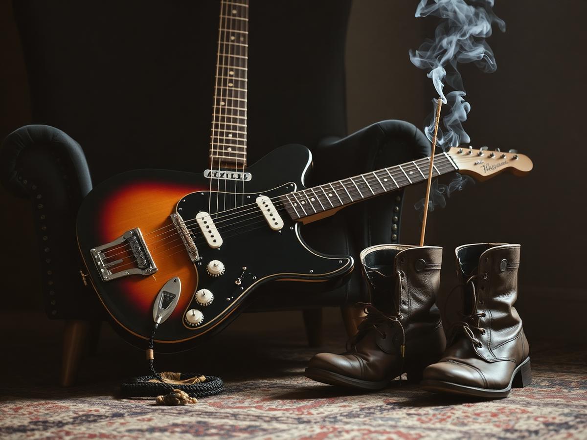 Guitar and boots in a moody loft